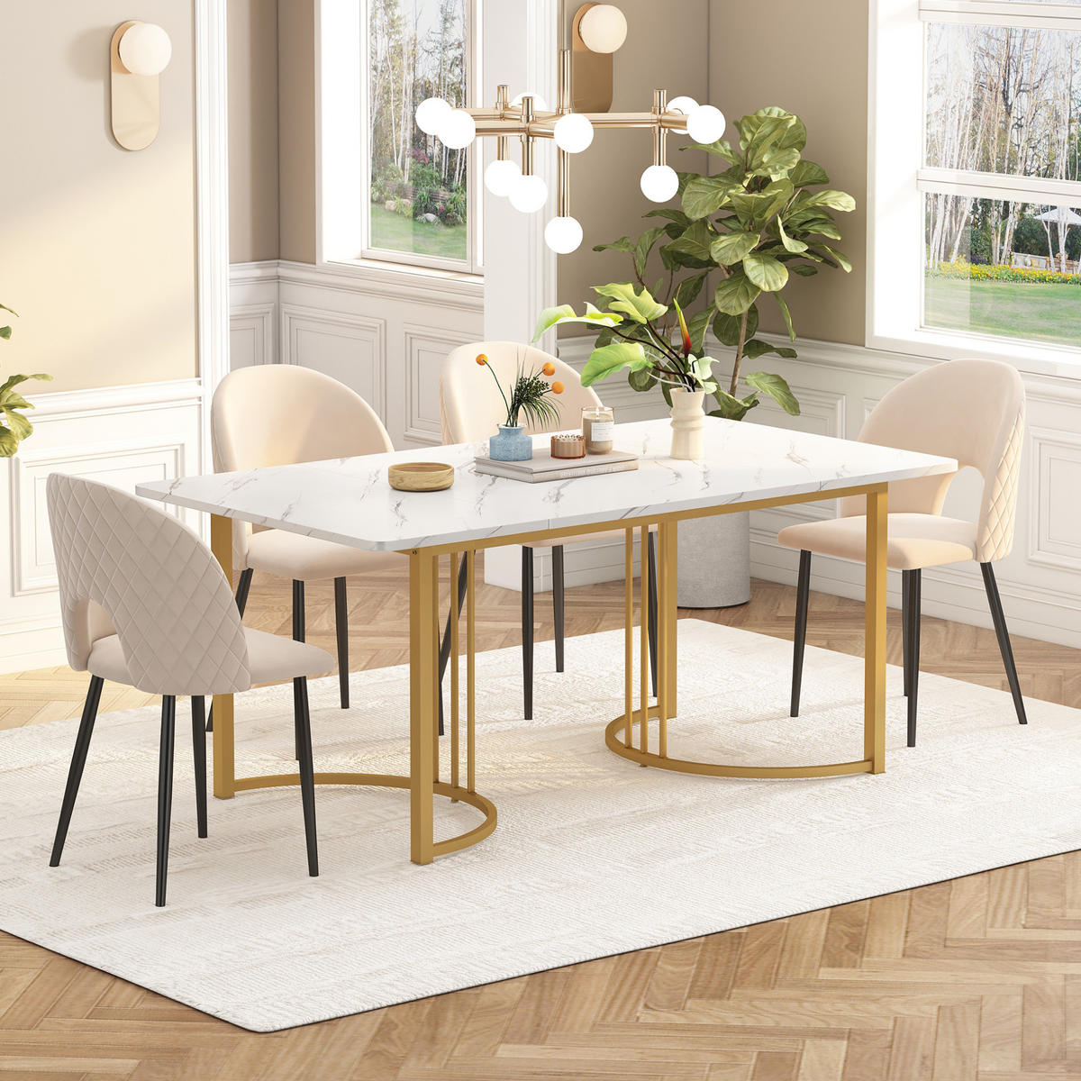 ESSTISCH, MDF mit Marmor-Muster & Metallgestell, 140/80/75 cm, Gold - Goldfarben, Holzwerkstoff (140/80/75cm) - Redom