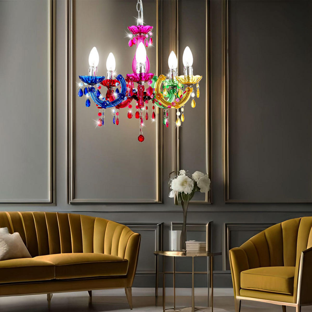 KRONLEUCHTER Kristalle Bunt 5-flammig - Multicolor, Metall (44/44/128cm) - Globo Lighting