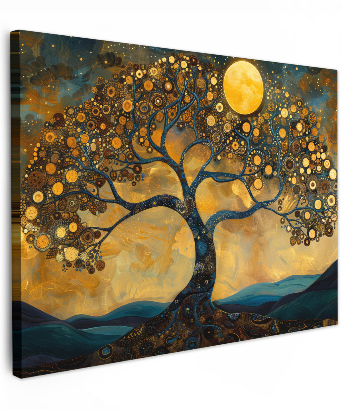 LEINWANDBILD Baum - Mond - Blumen - Gold - Kunst Wandbilder 80x60 cm - Orange, Textil (80/60cm) - MuchoWow