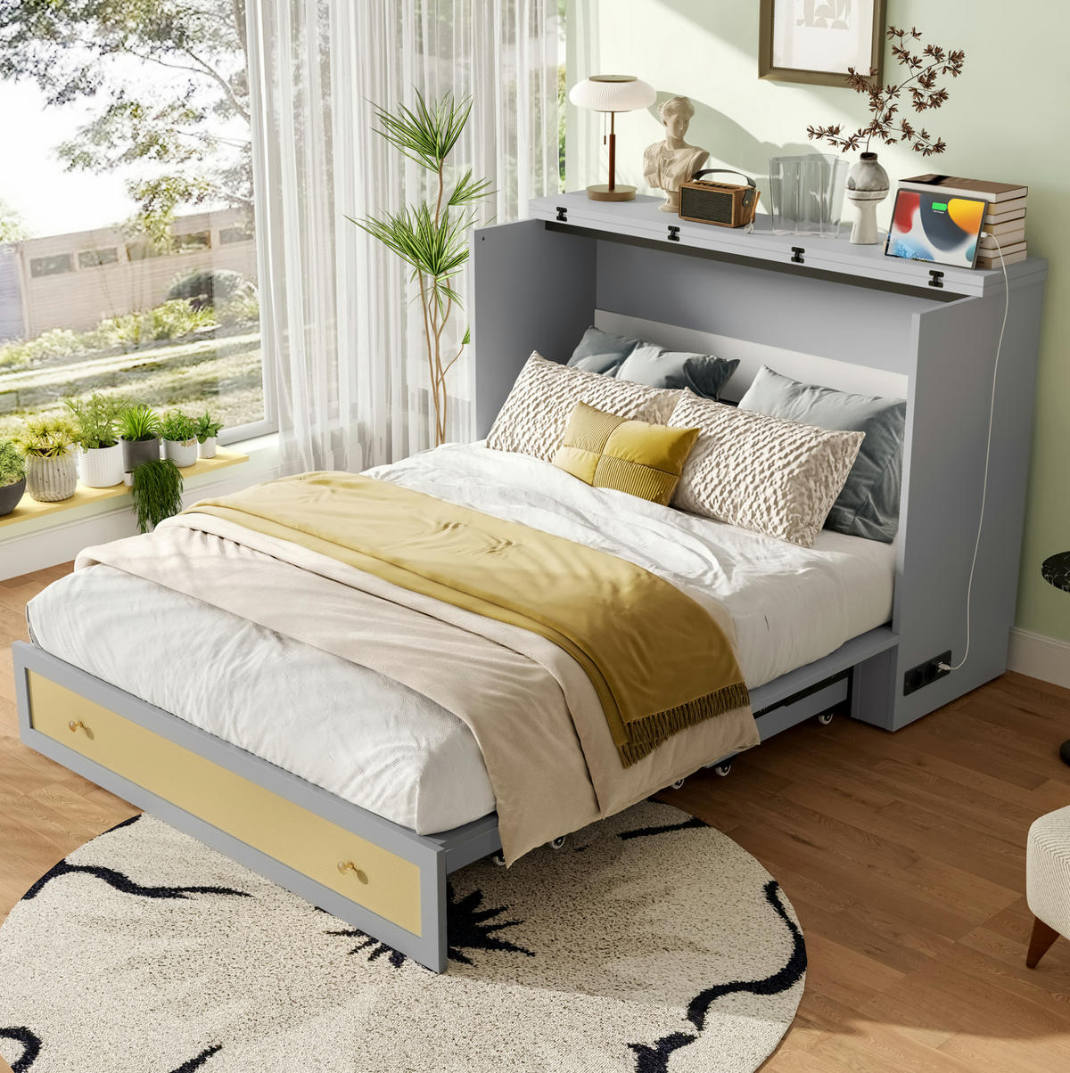 SKŘÍŇOVÁ postel 140/200 cm šedá z MDF s USB, zásuvkou a úložnými zásuvkami - šedá, kompozitní dřevo (140/200cm) - OKWISH