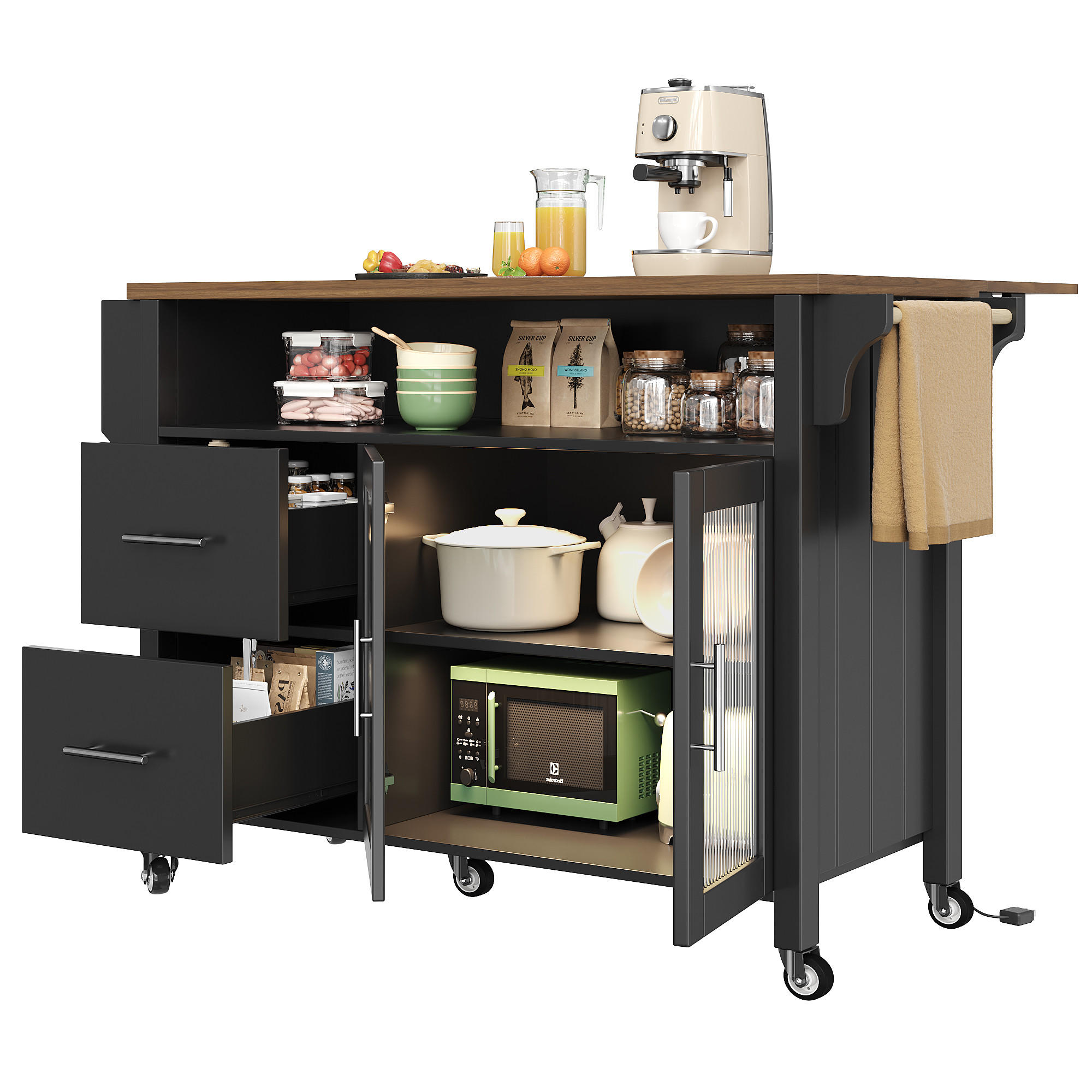 KÜCHENINSEL, LED, Glasvitrine, Rollen, Handtuchhalter, Schwarz - Schwarz, Holzwerkstoff (40/94.5/139cm) - FLIEKS