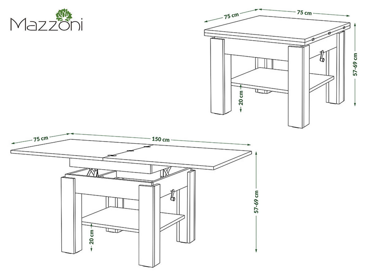 COUCHTISCH quadratisch aufklappbar höhenverstellbar 70/75/69 cm - Eichefarben/Weiß, Holzwerkstoff (75/70/57cm) - designimpex