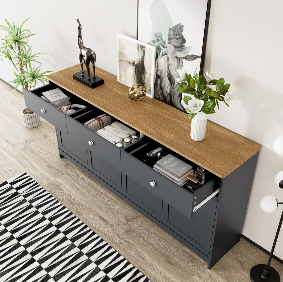 SIDEBOARD 160/37/75 cm in Grauschwarz mit 4 Türen, 3 Schubladen und Ablagefächern - Schwarz, Holzwerkstoff (160/75/37cm) - Flora Grace