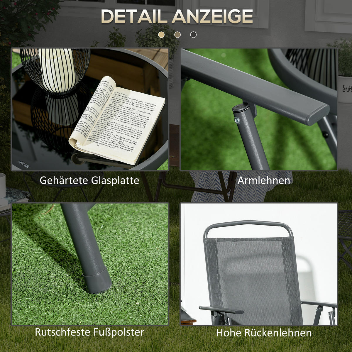 BISTRO-SET DE-07313 3-teilig, klappbar mit Glastisch Dunkelgrau - Dunkelgrau, Metall - ComfortXL