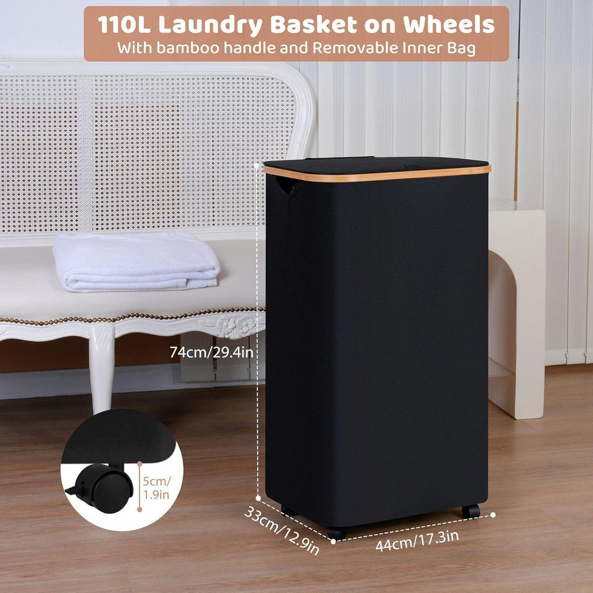 WÄSCHEKORB mit Rollen 110L Schwarz - Schwarz, Textil (33/79/43.9cm)
