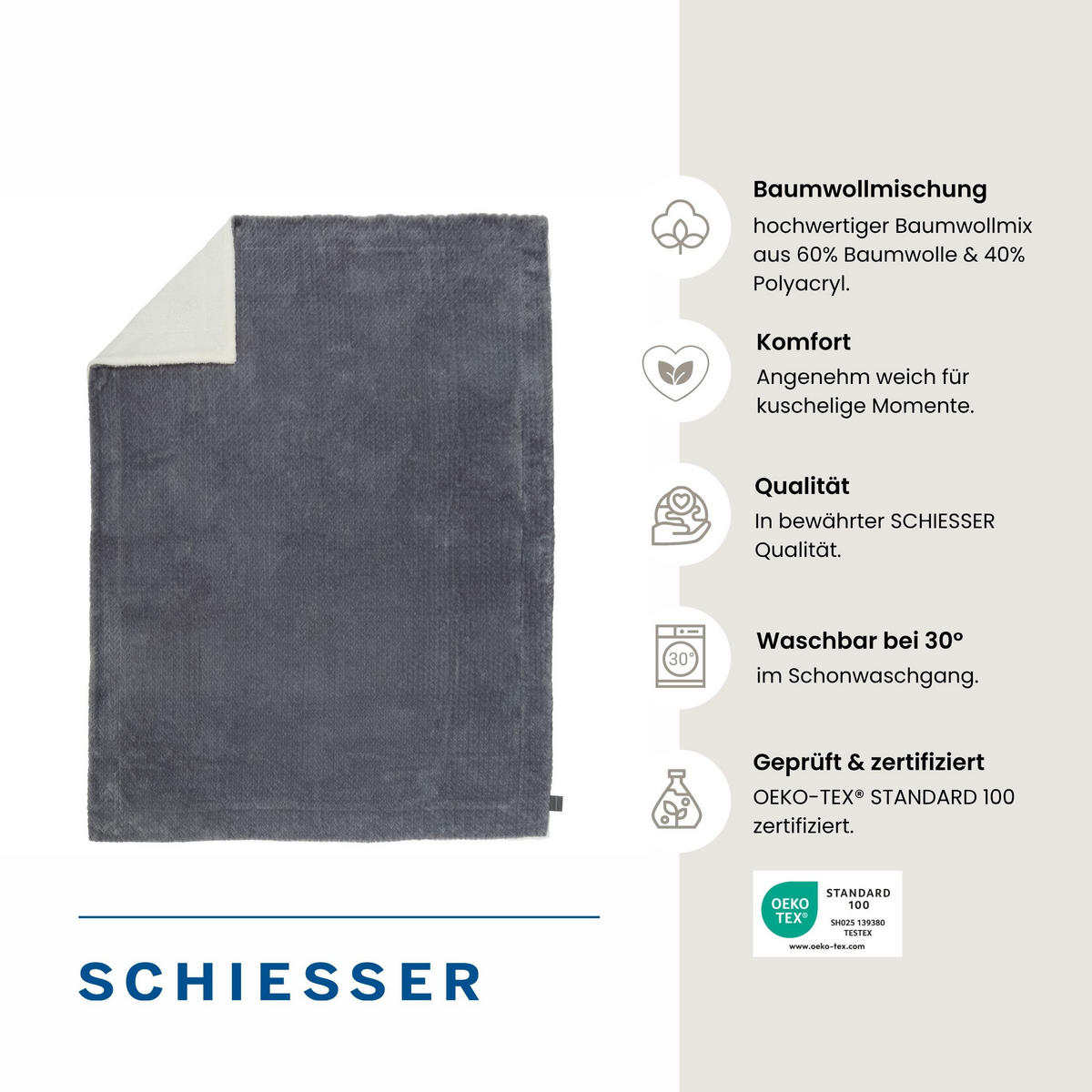 SHERPA-DECKE Elsa - Fleece mit Sherpa-Rückseite - 150x200 cm - Dunkelgrau - Dunkelgrau, Textil (150/200cm) - SCHIESSER