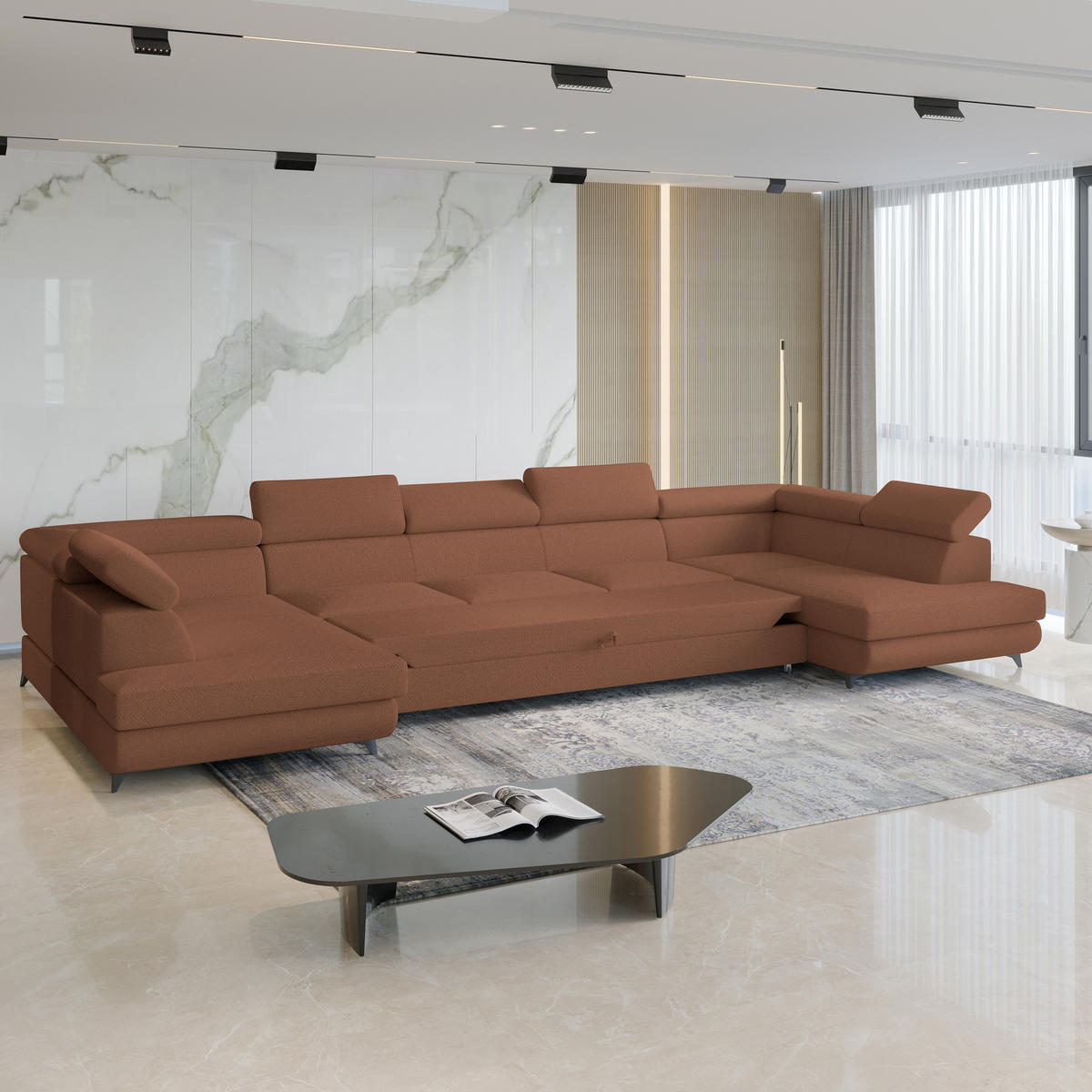 WOHNLANDSCHAFT URMANO Kupferfarben Boucle-Stoff mit Schlaffunktion - Kupferfarben, Holz (395/89/190cm) - MASSENO