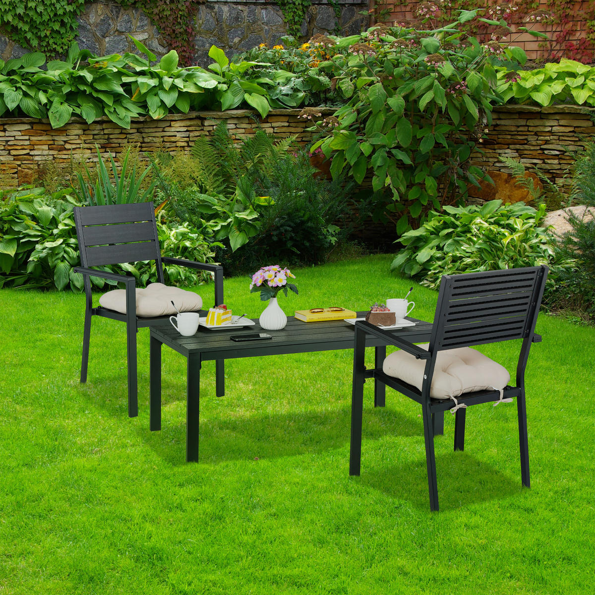 2XGARTENSTUHL - Schwarz, Kunststoff/Metall (53.5/90/59cm) - Relaxdays