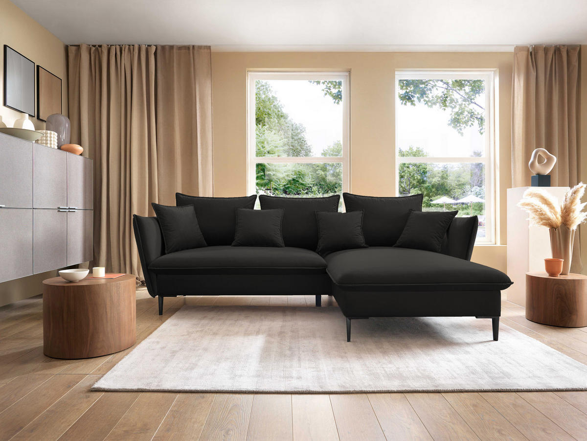 ECKSOFA GLOSS mit Schlaffunktion, Ottomane & goldenen Füßen – Samtsofa im GLOSSour-Stil mit Zierkissen, 258x167x91 cm, Rechte, BEIGE - Cappuccino, Holz/Textil (258/167cm) - DomoHome
