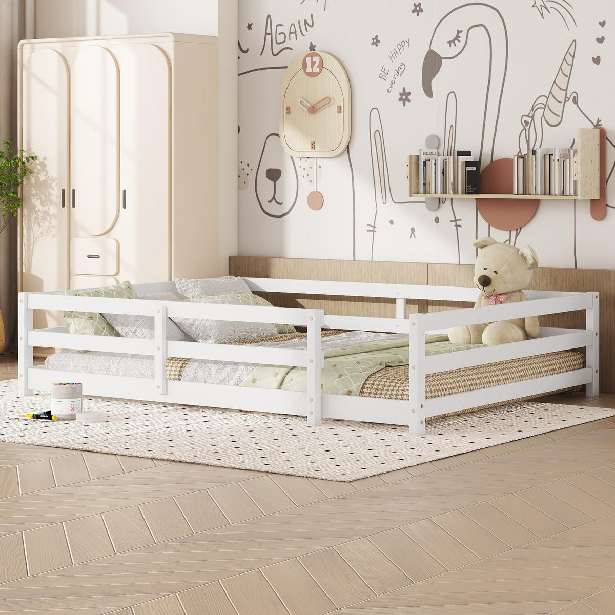 KINDERBETT 140/200 cm in Weiß aus Kiefernholz mit 4-Seiten-Gitter - Weiß, Holz/Holzwerkstoff (140/200cm) - WISHDOR