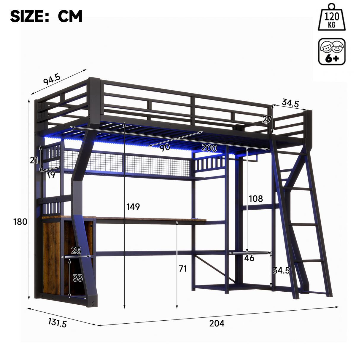 HOCHBETT 90/200 cm aus Metall und MDF mit Lichtleiste, Steckdose, Schreibtisch und Kleiderbereich, Schwarz - Schwarz, Holzwerkstoff (90/200cm) - Redom