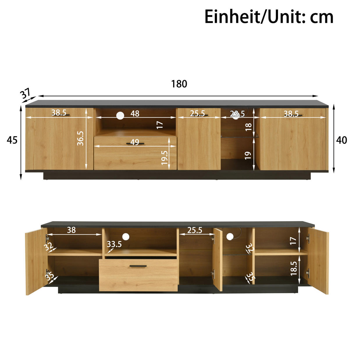 LOWBOARD 180/37/45 cm aus MDF mit LED-Beleuchtung Schwarz/Natur - Schwarz, Holzwerkstoff (180/45/37cm) - Modenvie