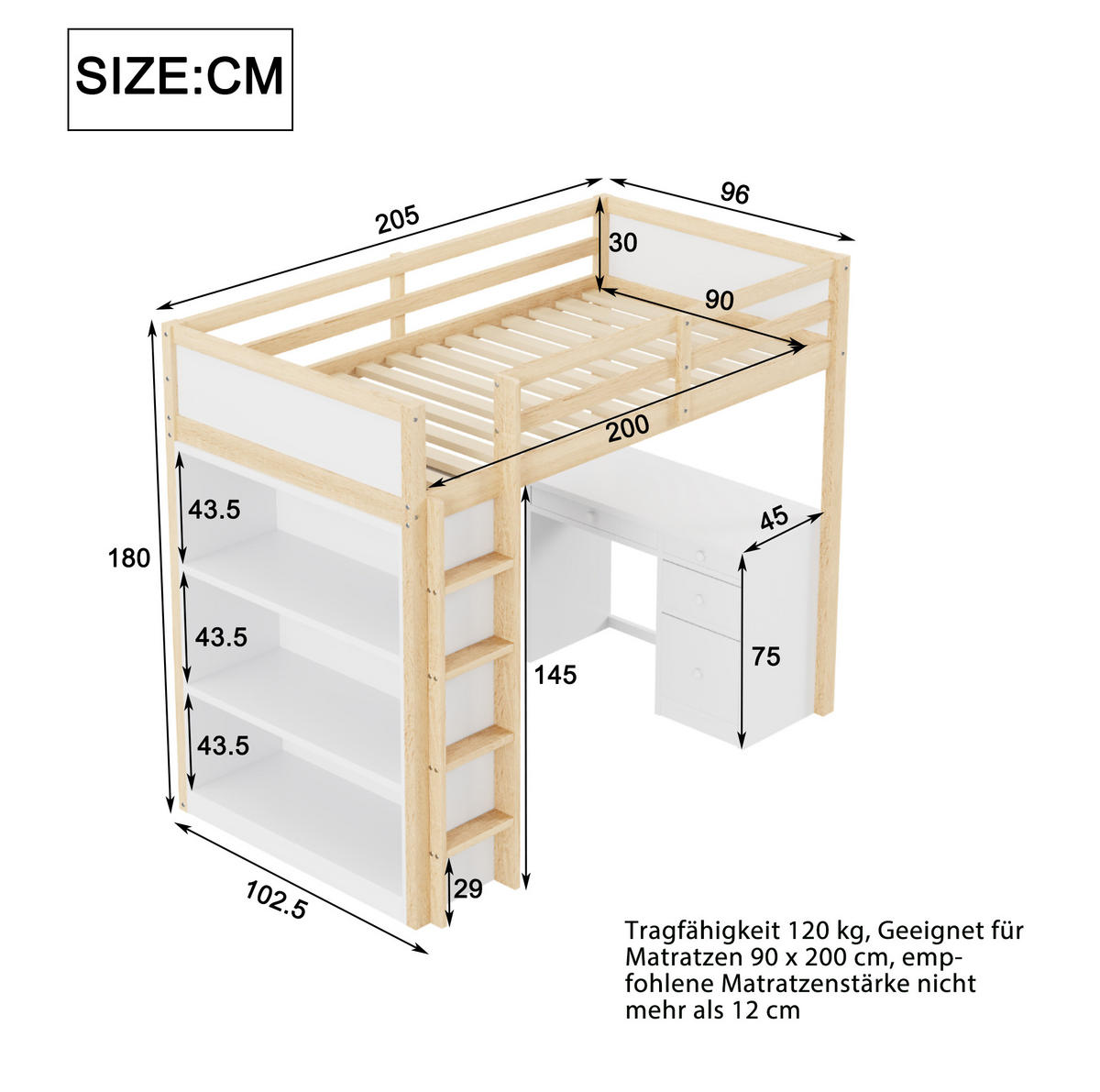HOCHBETT 90/200 cm aus Kiefernholz – mit Schreibtisch, Stauraum und Leiter - Naturfarben, Holzwerkstoff (90/200cm) - BEAOK