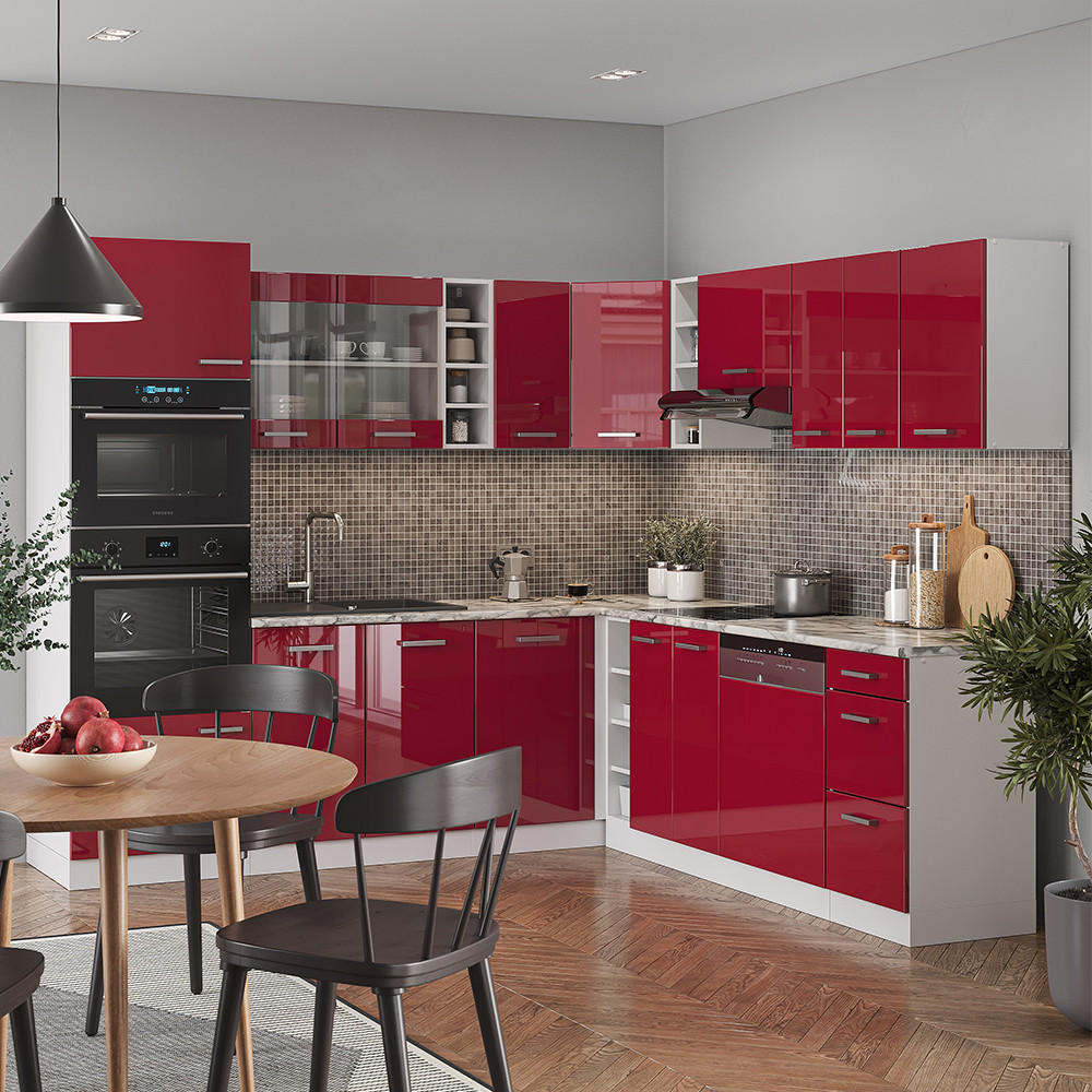 ECKKÜCHE R-Line Rot Hochglanz/Weiß 247 x 60 cm , AP Marmor - Rot/Weiß, Holzwerkstoff (247/81.6/60cm) - Vicco