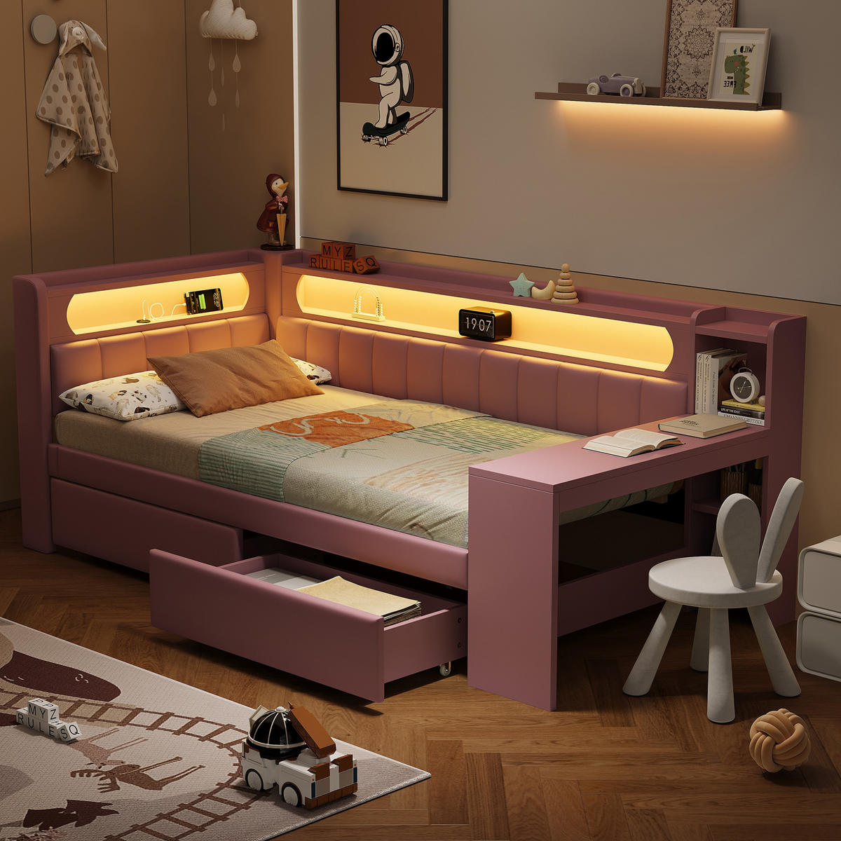 GEPOLSTERTES Tagesbett 90/200 cm mit LED-Beleuchtung, USB-Anschluss, Schreibtisch und 2 Schubladen, Rosa - Rosa, Holzwerkstoff (90/200cm) - Redom