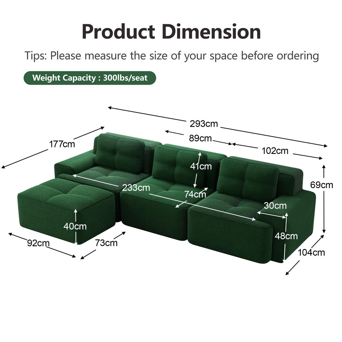 ECKSOFA cord in grün mit ottoman, rahmenlos & montagefrei - Grün, Textil (293/177cm) - Urban Meuble