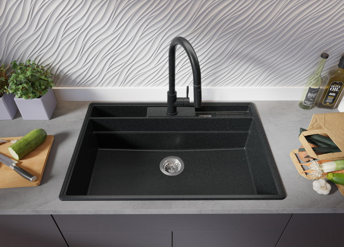 SPÜLBECKEN New York, 2-er set Anthrazit 78/53 cm 1 Becken + Ablauf-Set + Küchenzubehörset ab 80er Unterschrank - Chromfarben/Anthrazit, Kunststoff (78/20/53cm) - Primagran