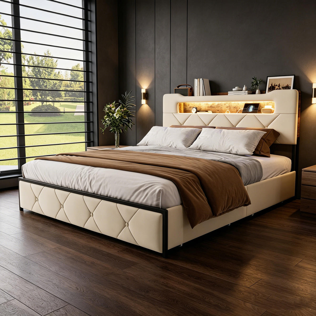 POLSTERBETT 140x200, jugendbett mit 4 Schubladen, LED, USB, Kopfteil, Lattenrost, samt, beige - Beige, Holzwerkstoff/Textil (140/200cm) - GENKI LIVING