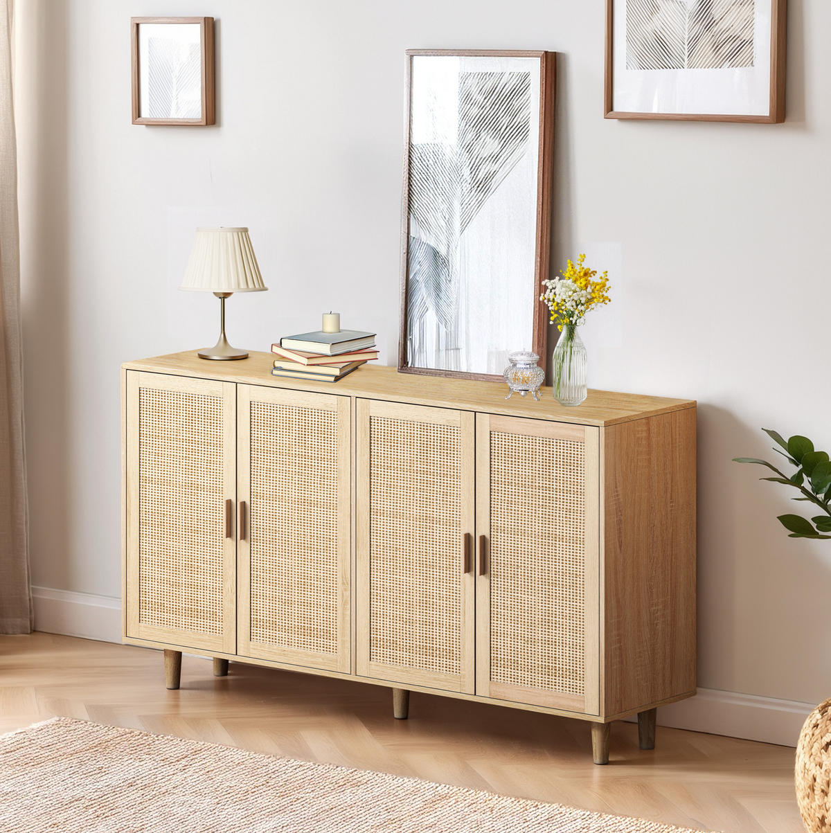 SIDEBOARD 158/40/88 cm aus Spanplatte mit 4 Rattantüren und verstellbarem Einlegeboden, Natur - Naturfarben, Holzwerkstoff (158/88/40cm) - Redom