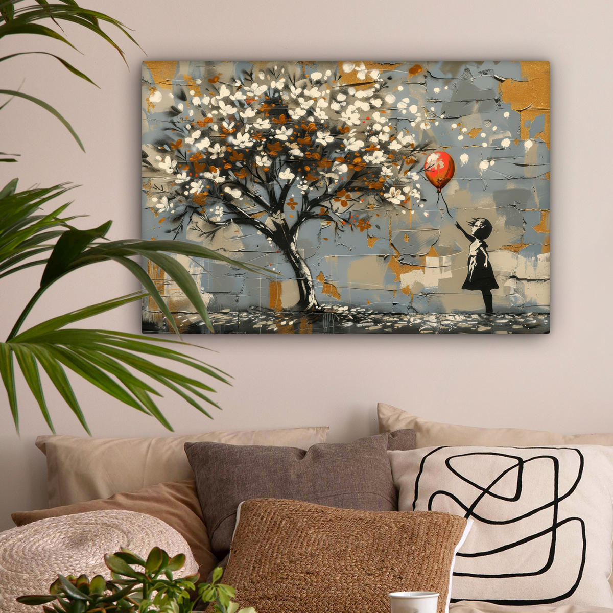 LEINWANDBILD Baum - Graffiti - Banksy-Stil - Ballon-Mädchen Wanddeko 90x60 cm - Blaugrau, Textil (90/60cm) - MuchoWow