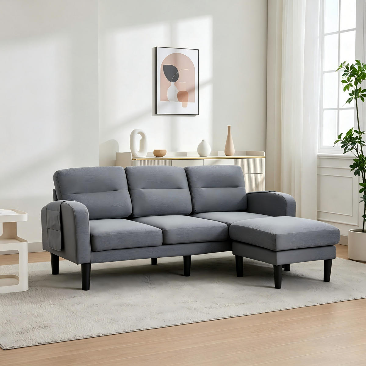ECKSOFA 204/136/80 cm aus Stoff mit Chaiselongue und seitlichen Aufbewahrungstaschen Grau - Grau, Textil (136/204cm) - Modenvie