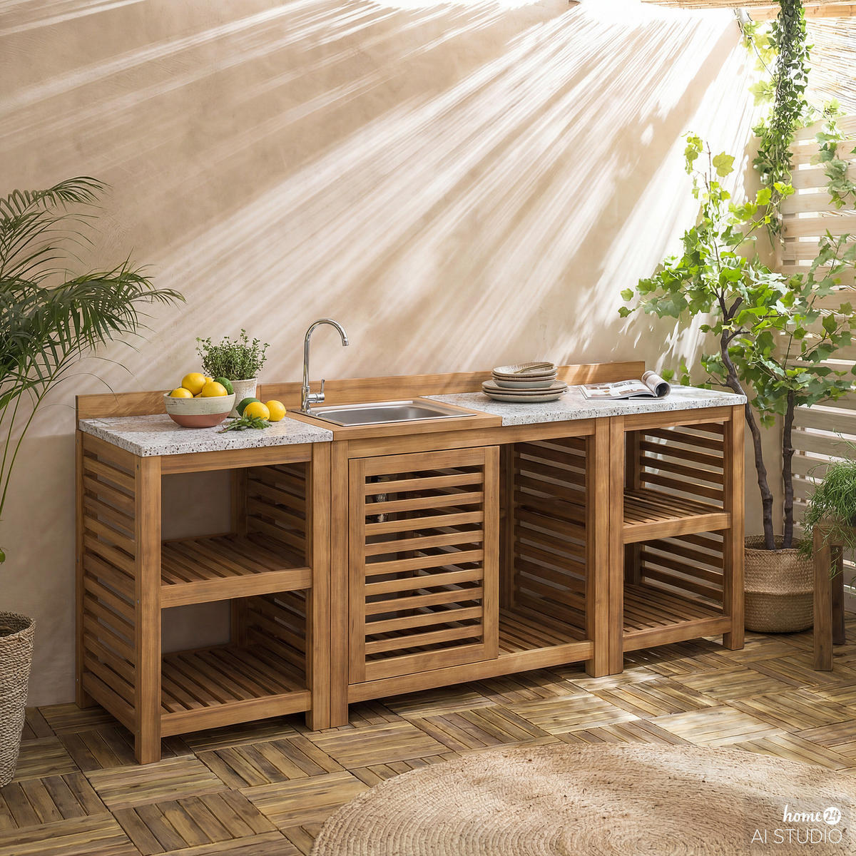 GARTENKÜCHENREGAL - Akazie massiv - Beige - Beige, Holz (52/86/52cm) - home24