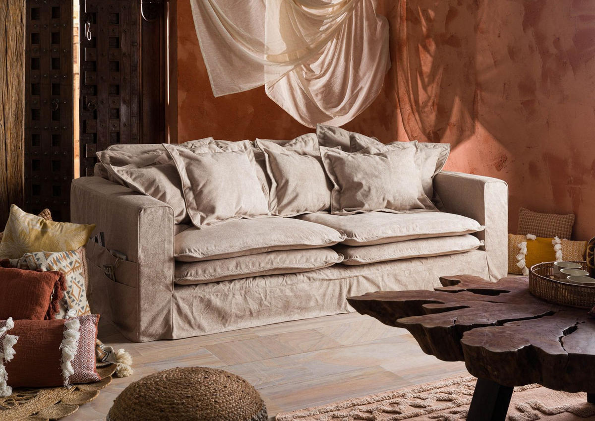 HUSSENSOFA 3-Sitzer 236x138x76 beige KINGSTON - Beige, Textil (236/76/138cm) - Massivmoebel24