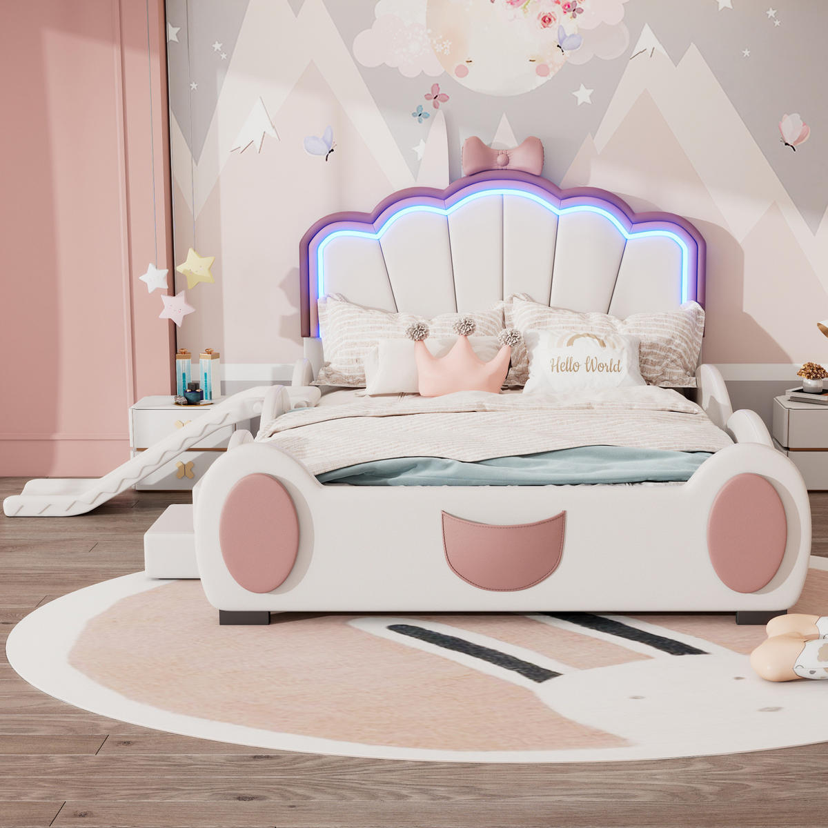 HOCHBETT 140/200 cm in Rosa/Weiß – mit Rutsche, Stufen und LED-Beleuchtung - Rosa, Kunststoff (140/200cm) - BEAOK