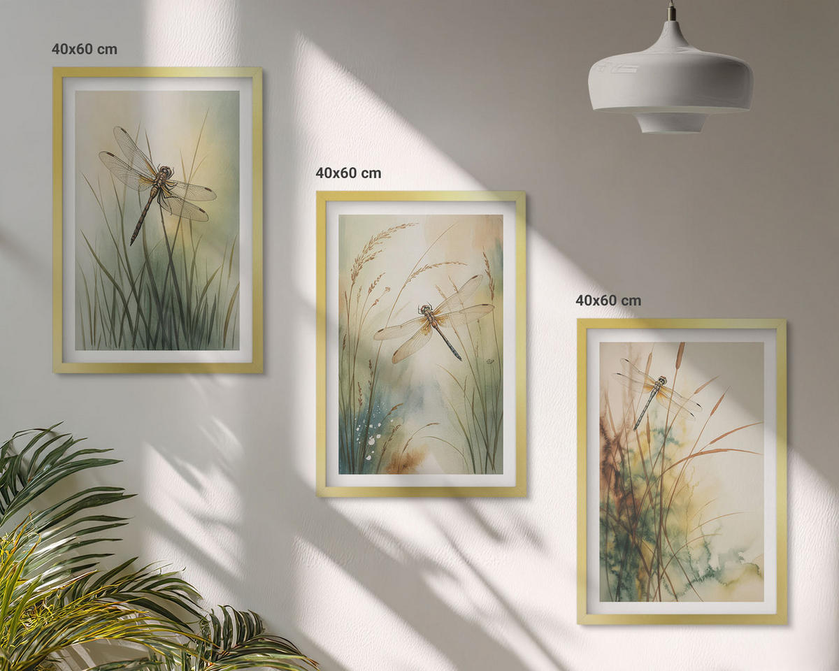 WANDBILDER 3er Set - 40x60 cm Goldrahmen - Libellengräser über dem Wasser - Goldfarben, Kunststoff (40/60cm) - ArtPrintCave