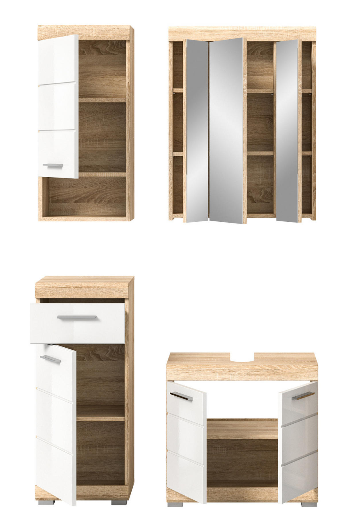 BADMÖBEL-SET weiß Hochglanz, Eiche 4-teilig 112 cm, Kombination mit viel Stauraum - Weiß Hochglanz/Eichefarben, Holzwerkstoff (112/191/34cm) - Inn.Furn