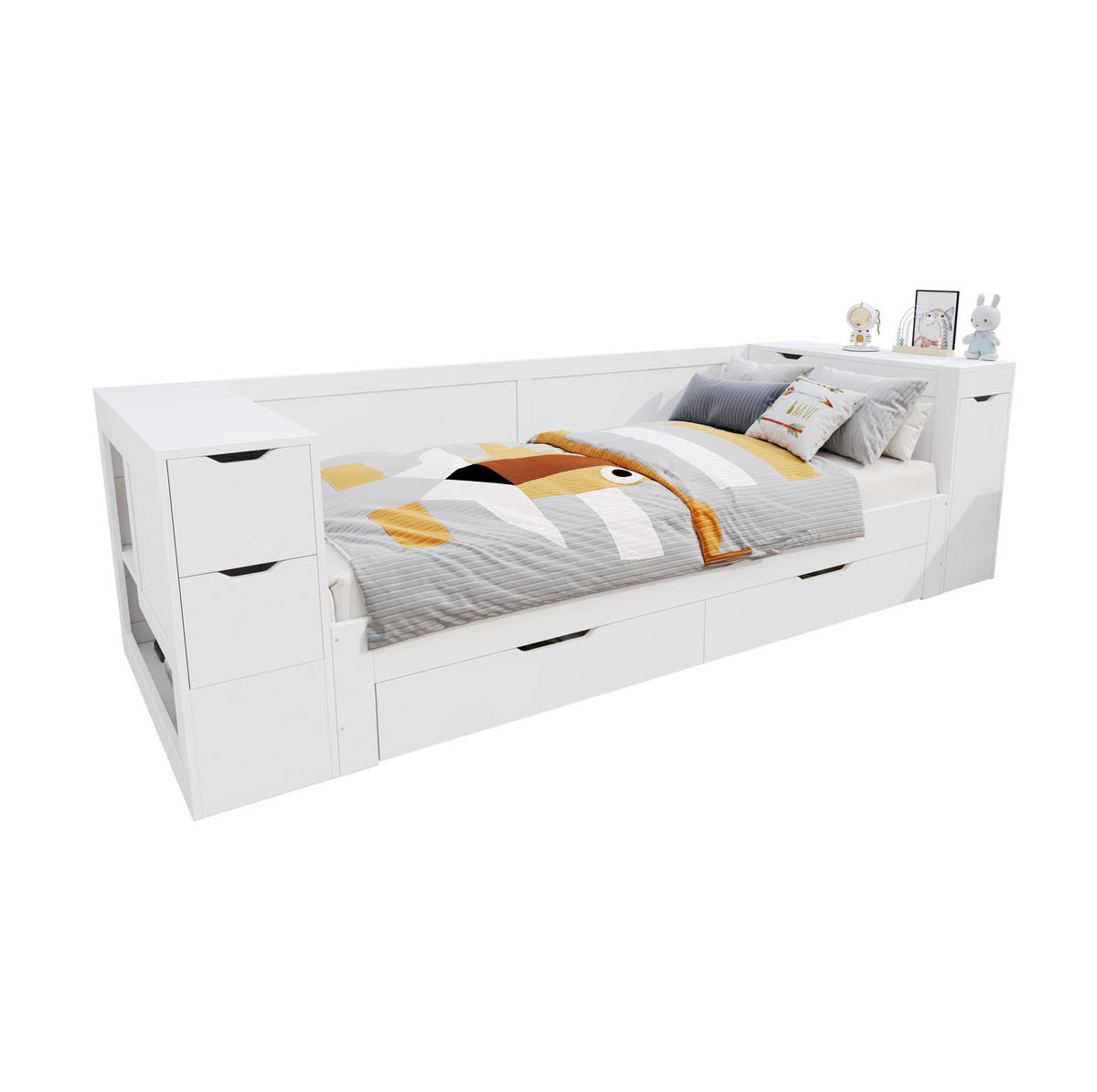 KINDERBETT 90/200 cm mit Schublade, Regal, Nachttisch und Stauraum aus MDF, Weiß - Weiß, Holzwerkstoff (90/200cm) - Redom