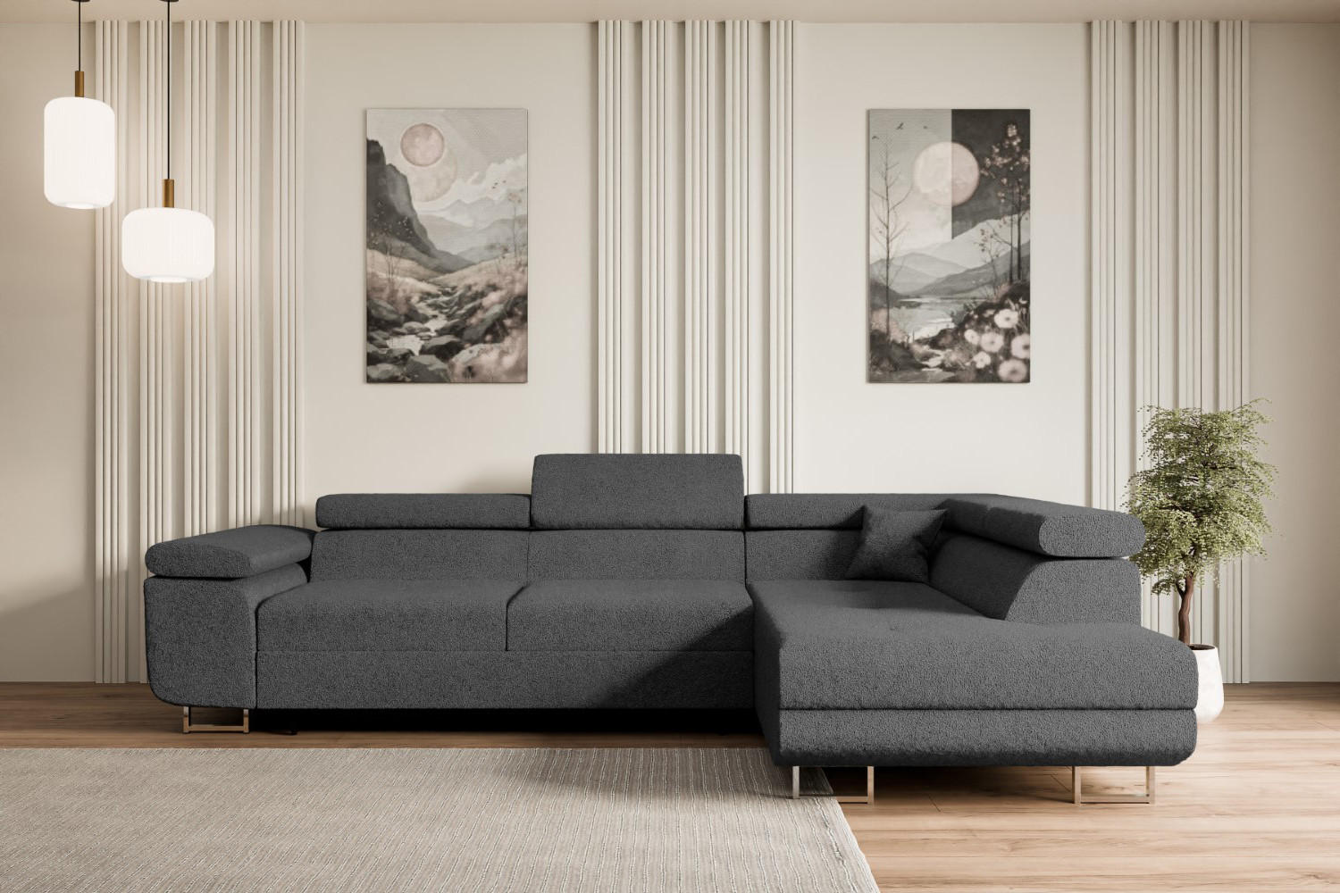 ECKSOFA mit Schlaffunktion und Bettkasten GUSA-L 272x202x107 cm Grau Bouclé - Silberfarben/Grau, Holzwerkstoff/Textil (272/202cm) - ALTDECOR