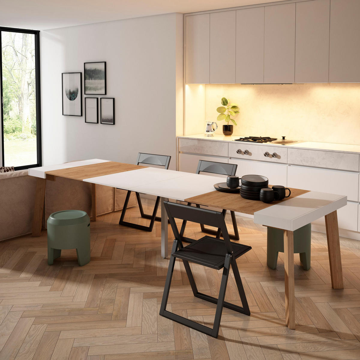 KONSOLENTISCH ausziehbar 58 bis 302cm, für 14 Gäste, eiche weiß, 90/58/73cm - Eichefarben/Weiß, Holzwerkstoff (90/302/73cm) - Skraut Home