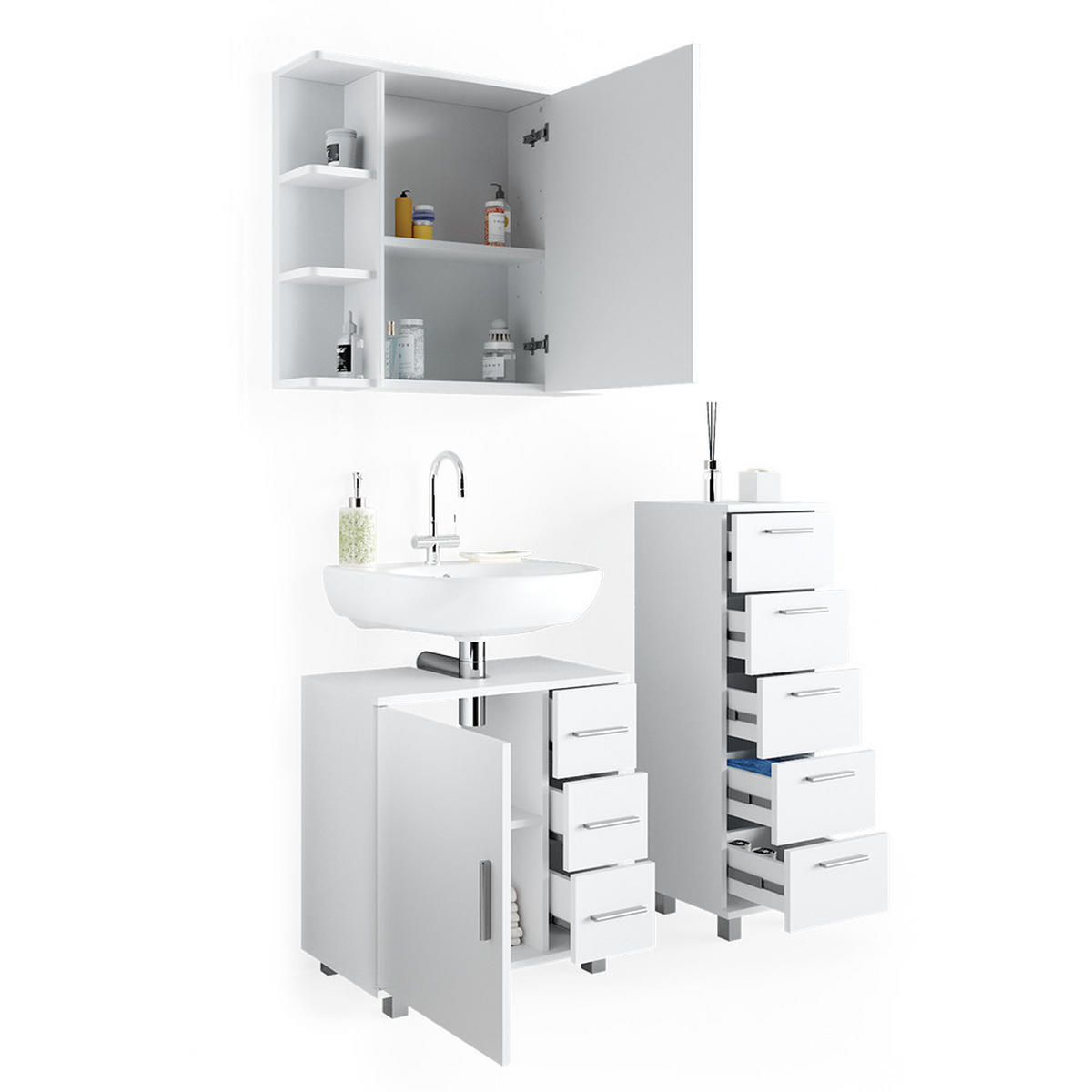 BADMÖBEL-SET Ilias Weiß 3 Teile, mit Midischrank - Weiß, Holzwerkstoff (60/60.8/33cm) - Vicco