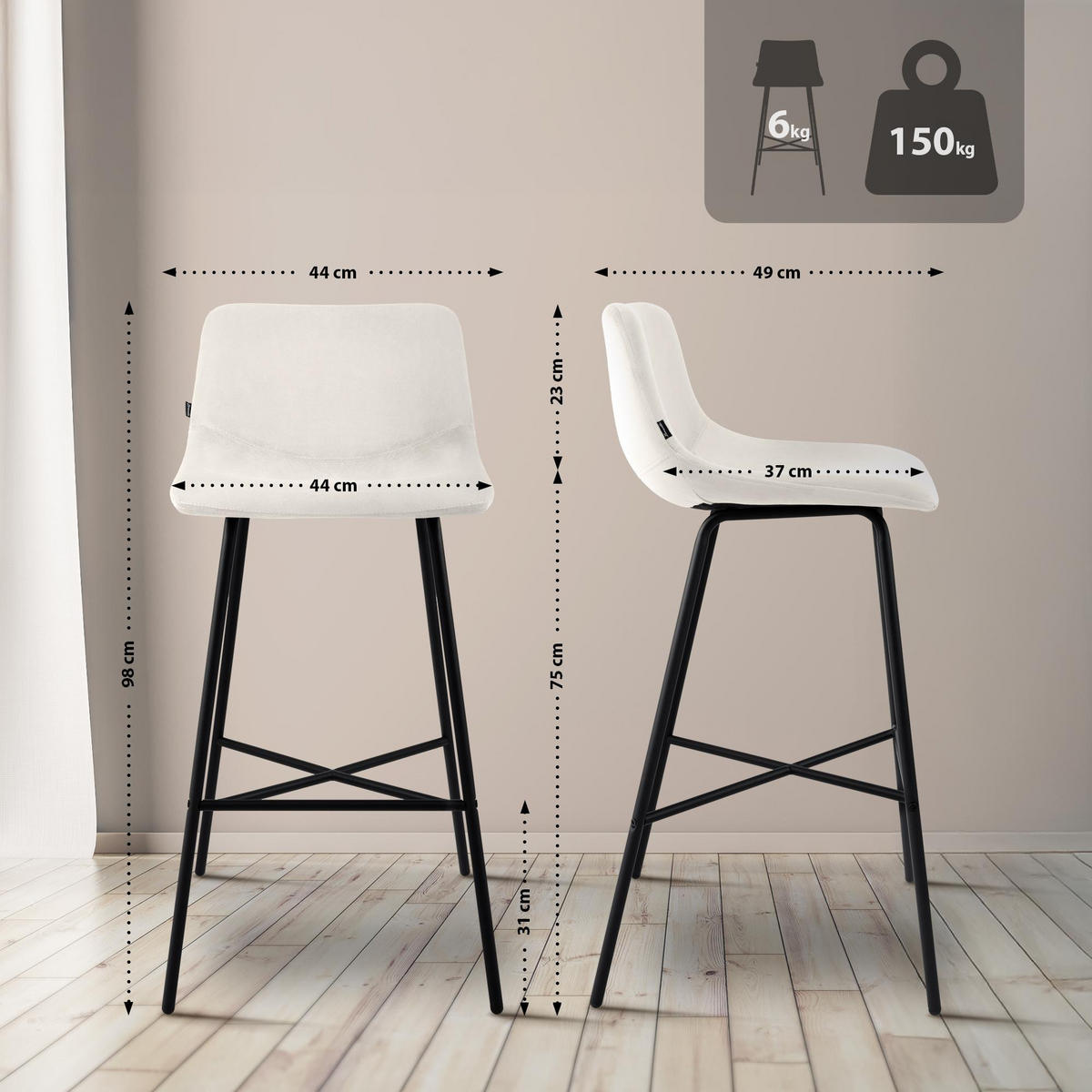 BARHOCKER Samt Creme - Creme/Schwarz, Textil/Metall (44/98/49cm) - CLP