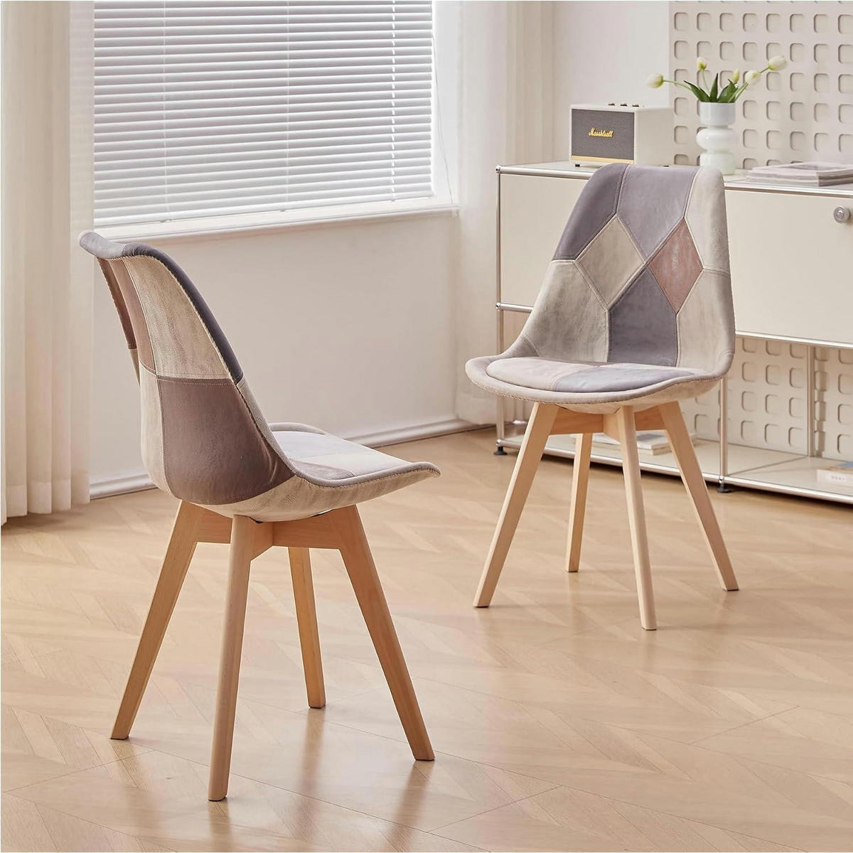 ESSZIMMERSTUHL 4-teiliges Set Patchwork Hellbraun Massivholzbeine - Multicolor, Textil (49/83/42cm)
