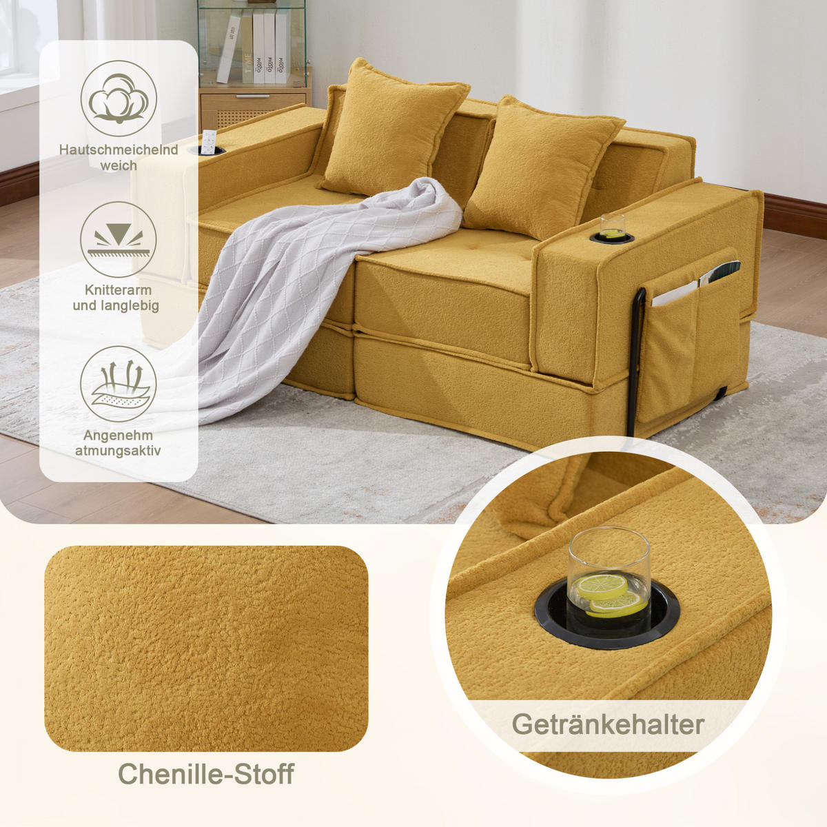 2-SITZER-SOFA aus Chenille 162x78x66 cm Senfgelb mit Seitentaschen und 2 Kissen - Gelb, Textil (162/66/78cm) - Modfu