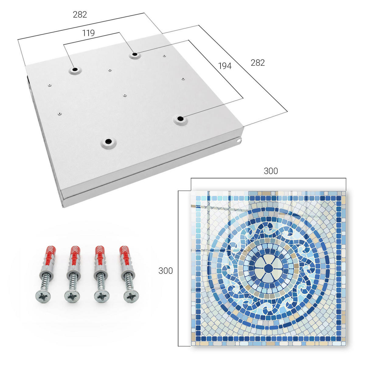 SCHLÜSSELBOX Weiß 30x30 cm – Türöffnung nach rechts - geometrisches Mosaik - Blau, Metall (30/30/5cm) - TULUP