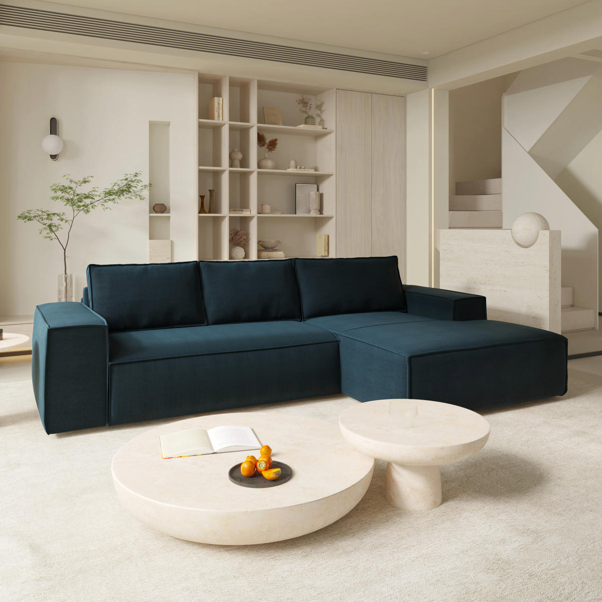 ECKSOFA RECHTS Samt Pfauenblau 302cm - Blau/Hellblau, Textil (302/165cm) - Sia Home