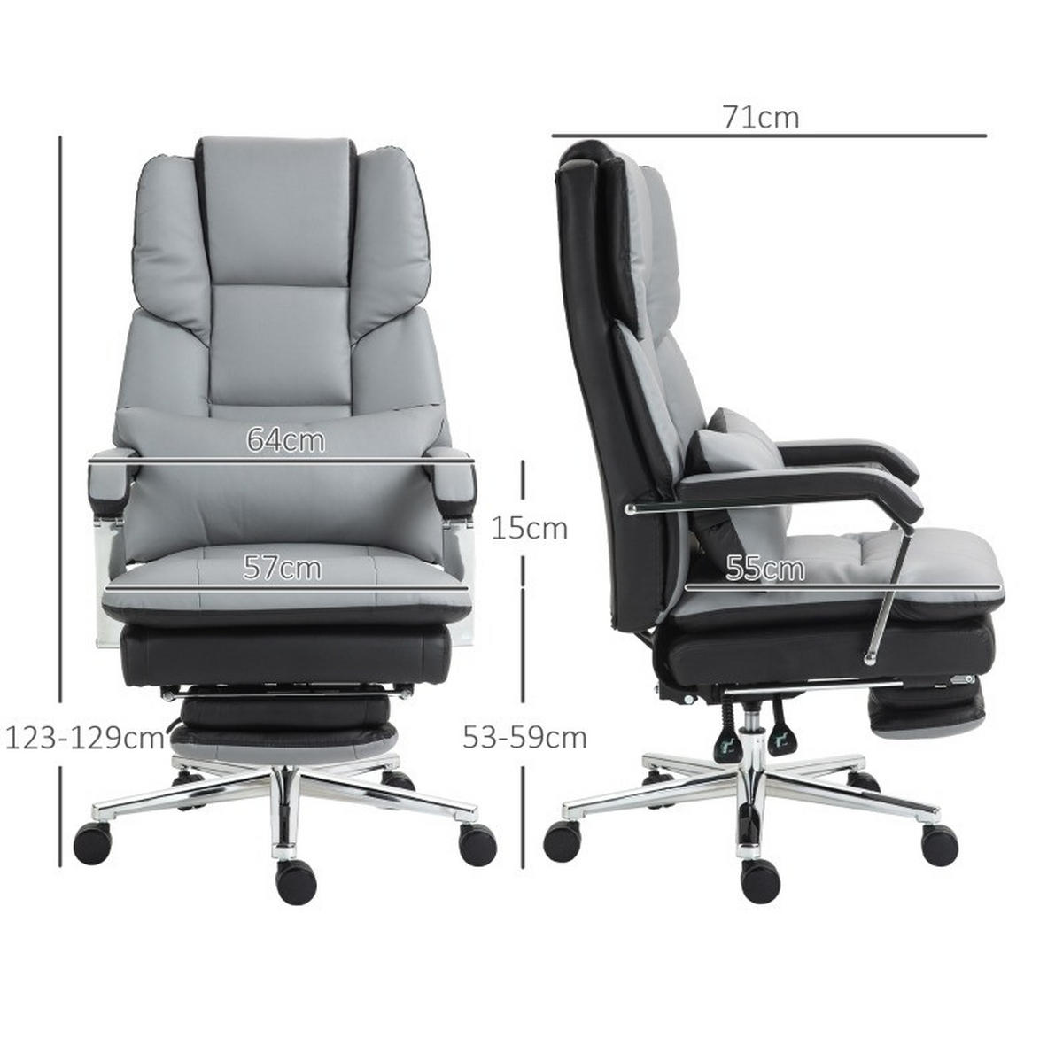 DREHSTUHL 63/71/123-129 cm grau aus Kunstleder mit Liegefunktion - Grau, Kunststoff (63/129/71cm) - OKWISH