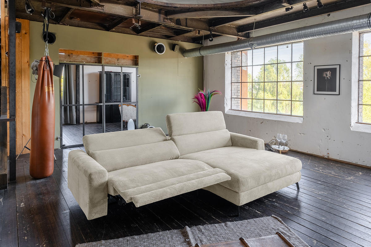 ECKSOFA LAISKA Cremeweiß Cord Relaxfunktion - Creme/Schwarz, Textil/Metall (282/177cm) - KAWOLA