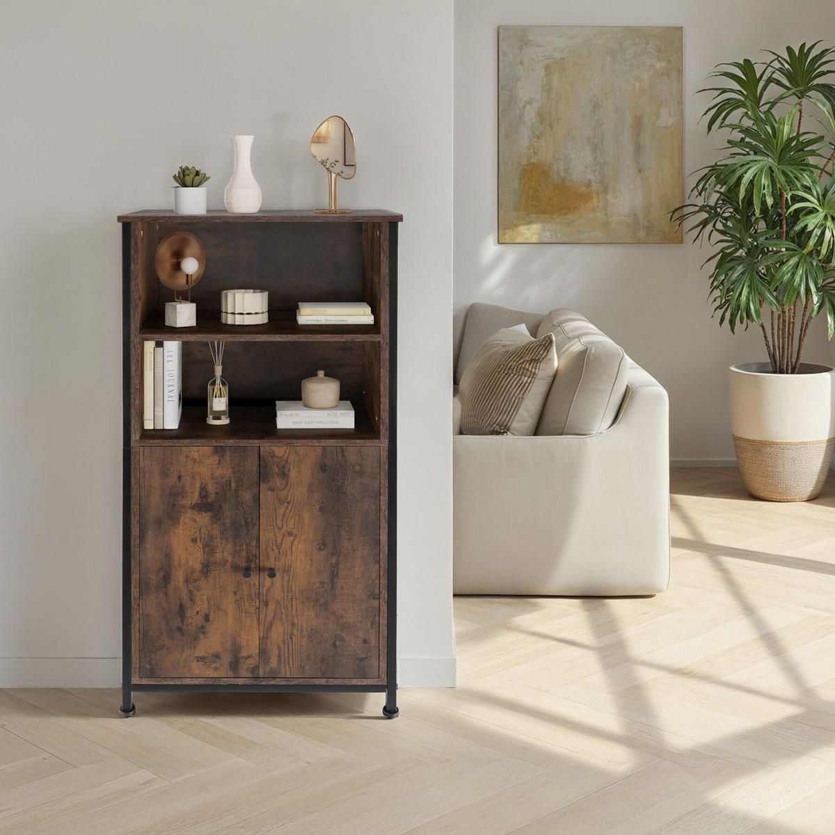 HIGHBOARD Doncaster,mit höhenverstellbaren Füßen, 60 x 38 x 125 cm,Industrial Holz dunkel, rustikal - Rostfarben, Holzwerkstoff (38/125/60cm) - tectake