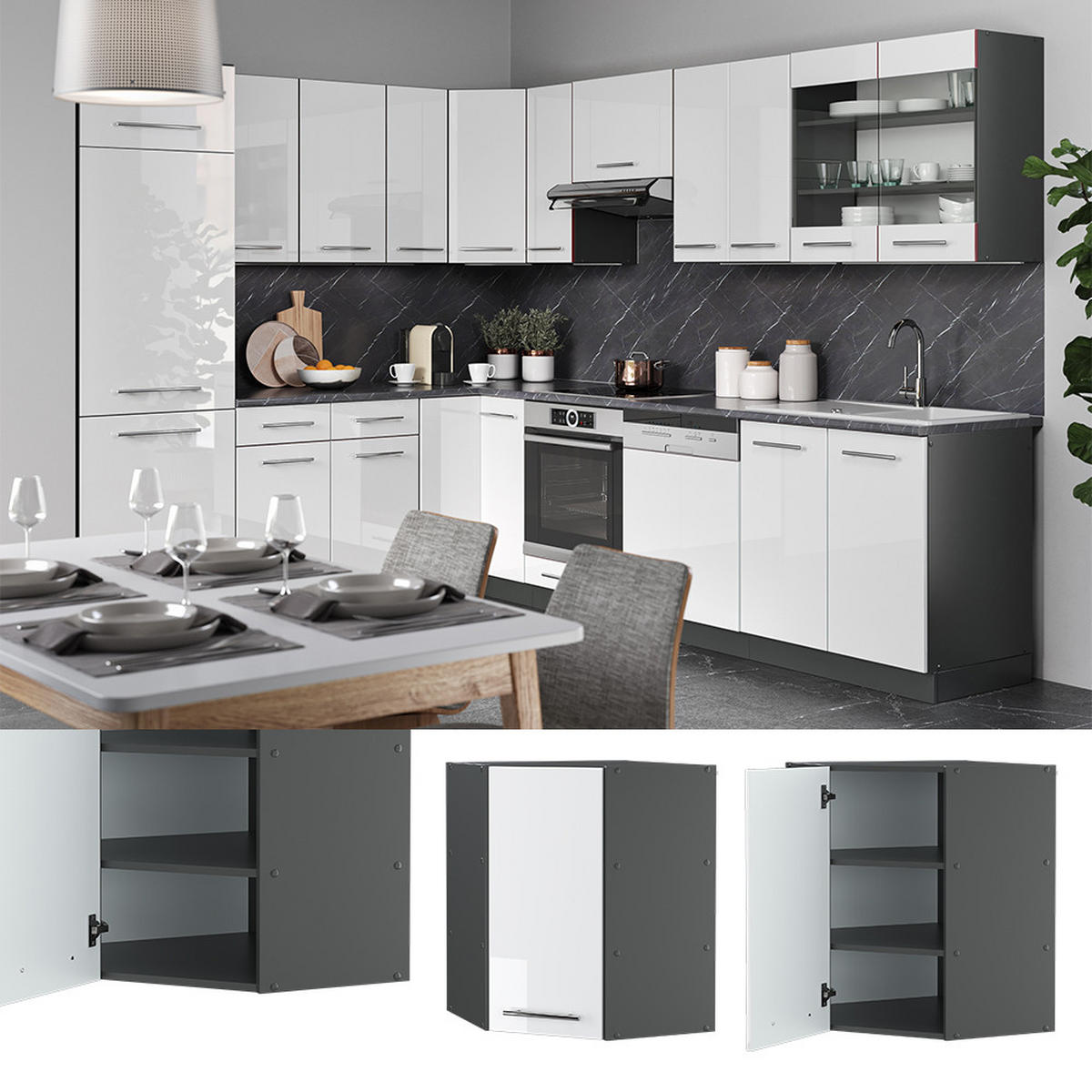 ECKHÄNGESCHRANK Fame-Line Weiß Hochglanz 57 cm - Weiß Hochglanz/Anthrazit, Holzwerkstoff (57/72/34.1cm) - Vicco
