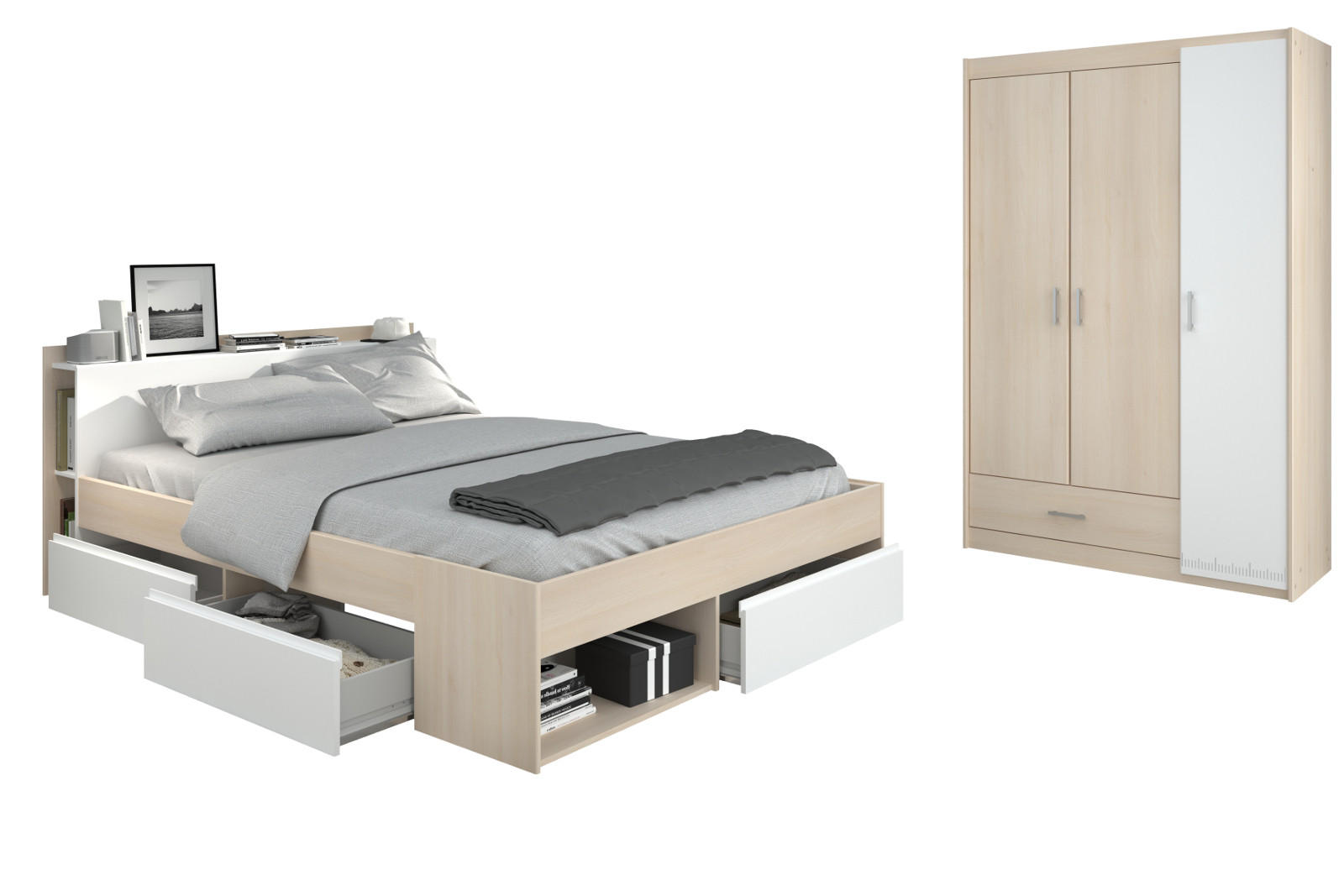 JUGENDZIMMER Set mit Stauraumbett 160 x 200 und Kleiderschrank - Silberfarben/Weiß, Holz/Holzwerkstoff (160/179/200cm) - Parisot Meuble