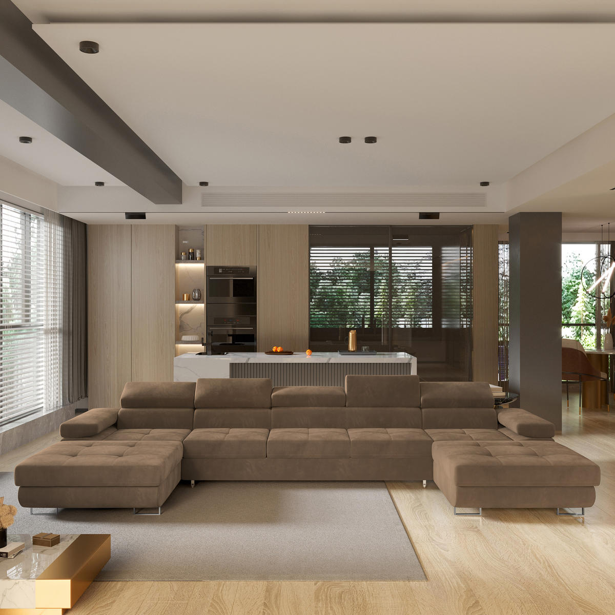 ROHOVÁ SEDAČKA OMBRA béžová - stříbrná/béžová, kov/dřevo (425/202cm) - MASSENO