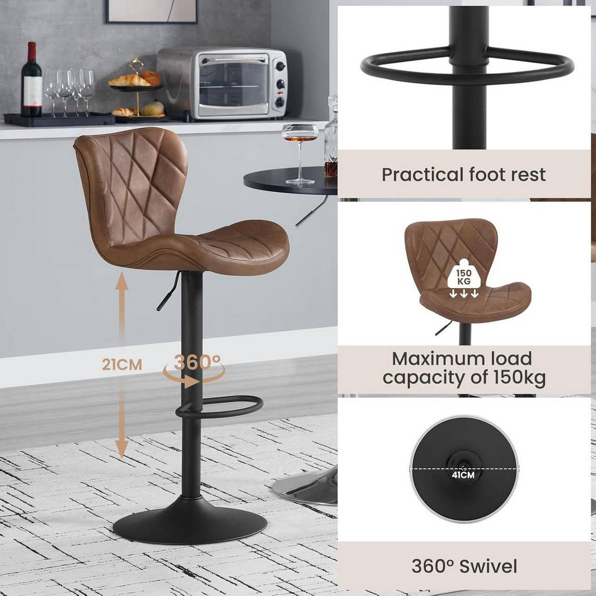 BARHOCKER 4er Set, Kunstleder, Metallgestell, Braun - Schwarz/Braun, Textil/Metall (47/89/54cm) - Woltu