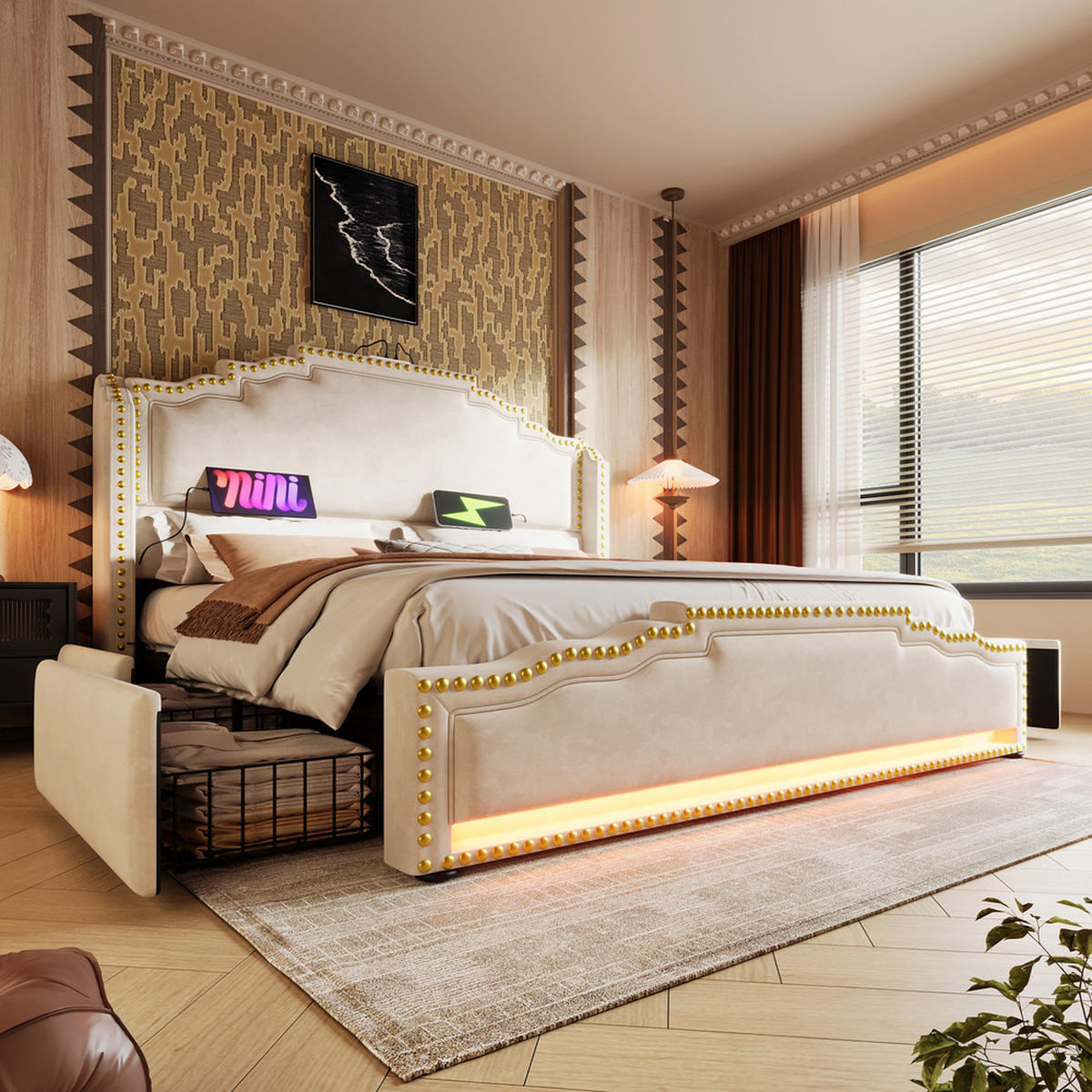 POLSTERBETT 160X200 cm mit LED USB C Lattenrost und Schubladen - Beige, Holz (160/200cm) - FLIEKS