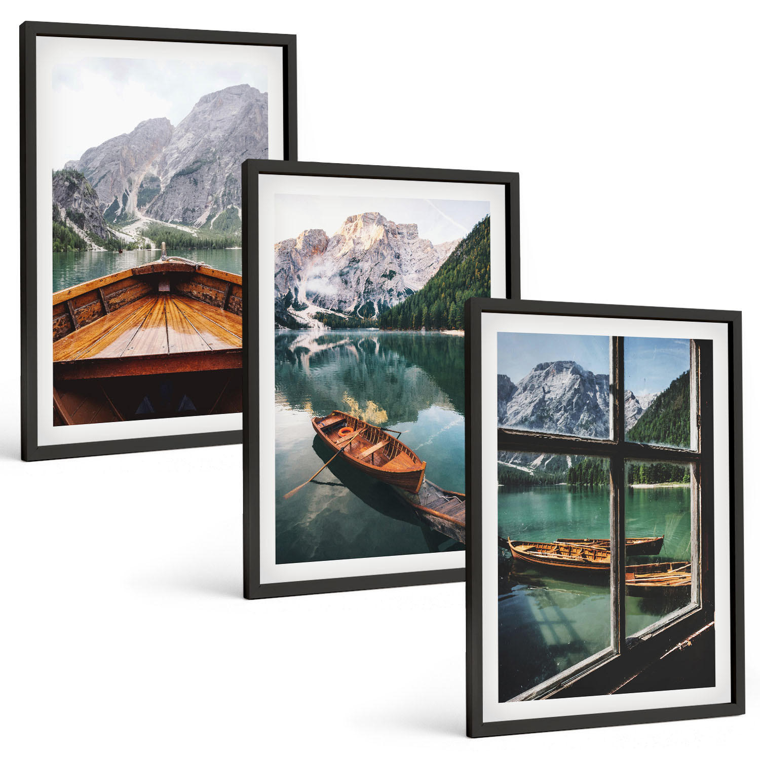 BILDER SET 3er Set - 40x60 cm Schwarzer Rahmen - Fenster für Boote auf dem Bergsee - Schwarz, Kunststoff (40/60cm) - TULUP