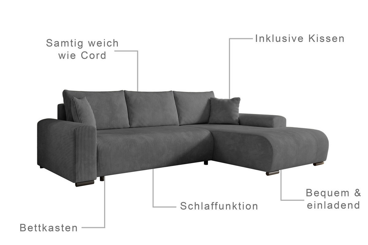 ECKSOFA Nelly mit Bettkasten und Schlaffunktion, Cordstoff in L-Form - Dunkelgrau, Textil (270/185cm)