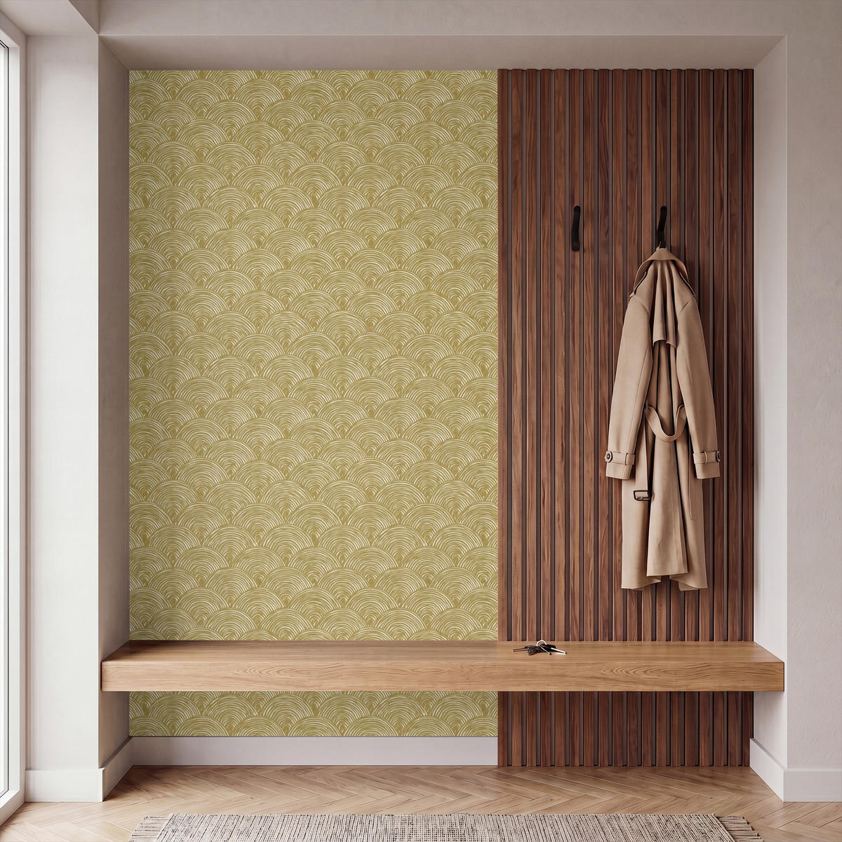 TAPETE - Fächer - Geometrisch - Grün - 120x200 cm - Goldfarben, Papier (120/200cm) - OnlyWow
